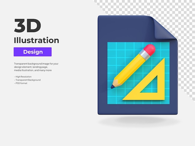 PSD bleistift und lineal papierblatt symbol grafikdesign-tool 3d-illustration