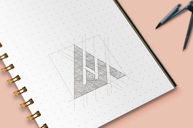 Bleistiftskizze minimalistisches Notebook-Perspektive-Logo-Mockup