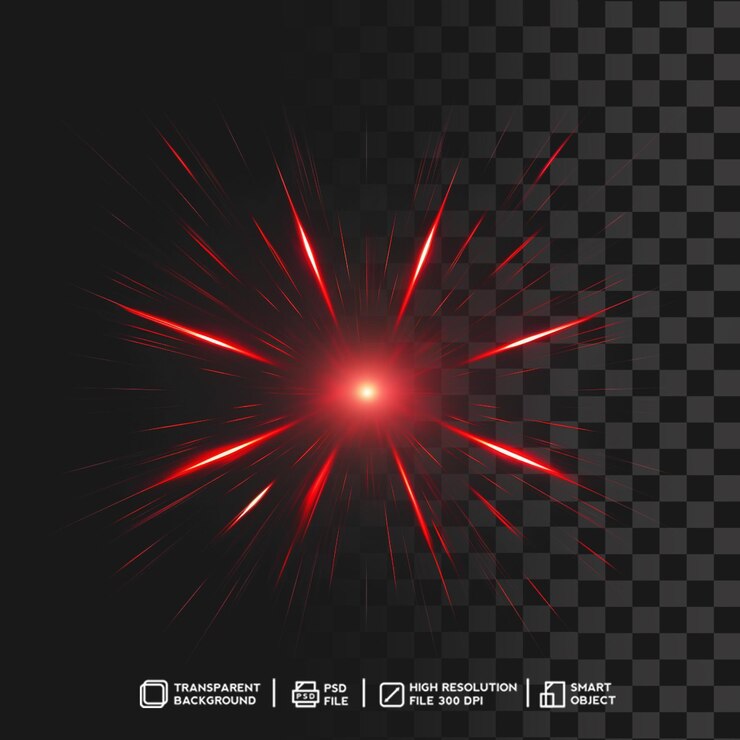 Blendender roter Lichtstrahl, brillanter Burst-Effekt auf isoliertem transparentem Hintergrund