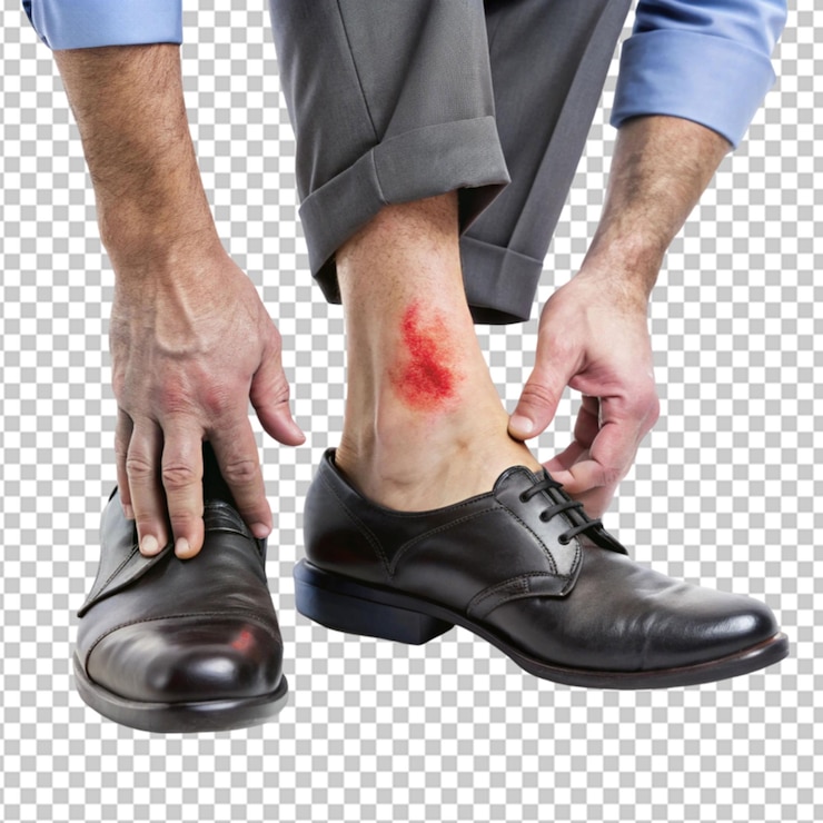 PSD blessure douloureuse au talon sur les pieds de l'homme causée par de nouvelles chaussures sur un fond transparent