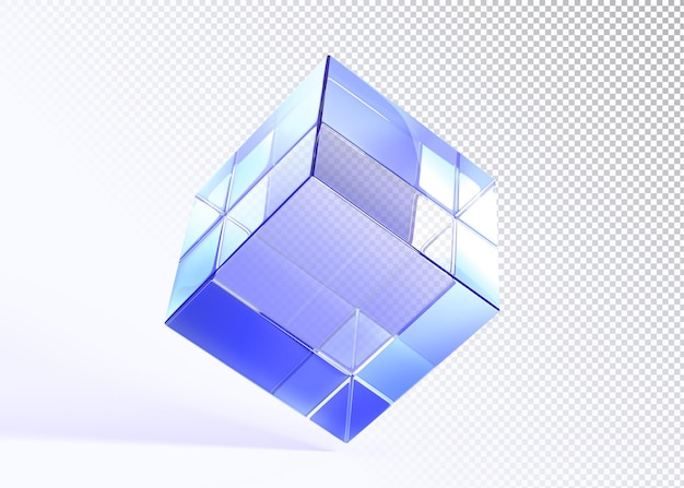 Blocco di cristallo cubo di vetro traslucido con texture sfumata ologramma icona di rendering 3d Scatola quadrata trasparente con rifrazione della luce blu forma geometrica astratta elemento grafico isolato illustrazione 3D