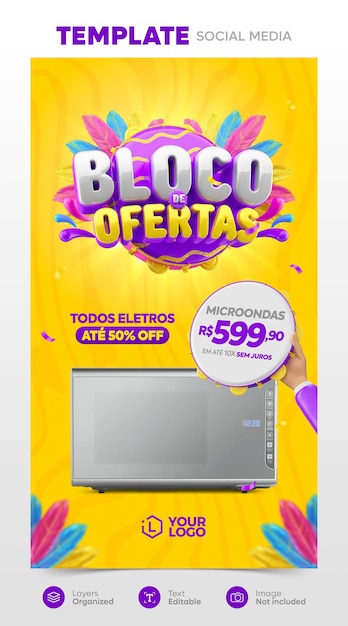 PSD bloco de ofertas modelo de mídia social para carnaval brasileiro 3d carnaval brasil