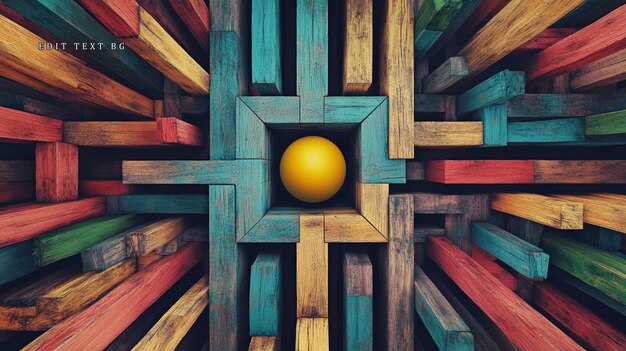 Des blocs de bois abstraits et colorés formant un labyrinthe avec une sphère jaune au centre