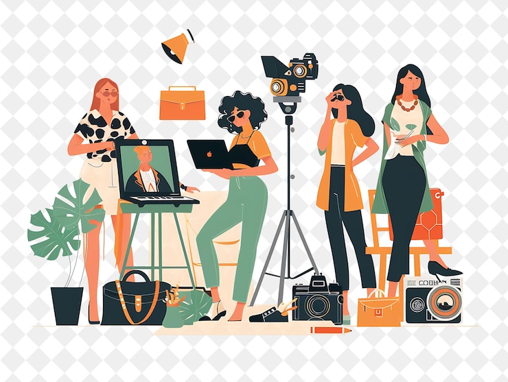 PSD blogger di moda chic con personaggi che creano e condividono fa png people in daily work illustration