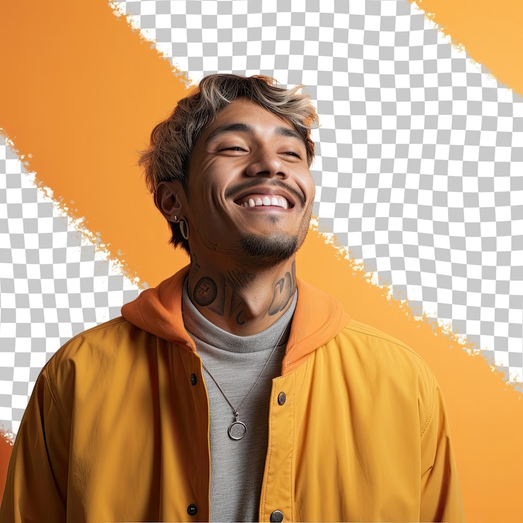 PSD blogger nativo americano indignato adulto capelli corti occhi chiusi sorridente in stile pastello