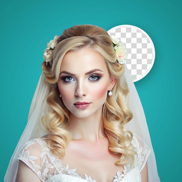 PSD blond model in wedding dress and bridal makeup