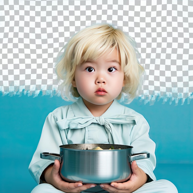 PSD blonde asia oriental pequeño gourmet chef en azul pastel