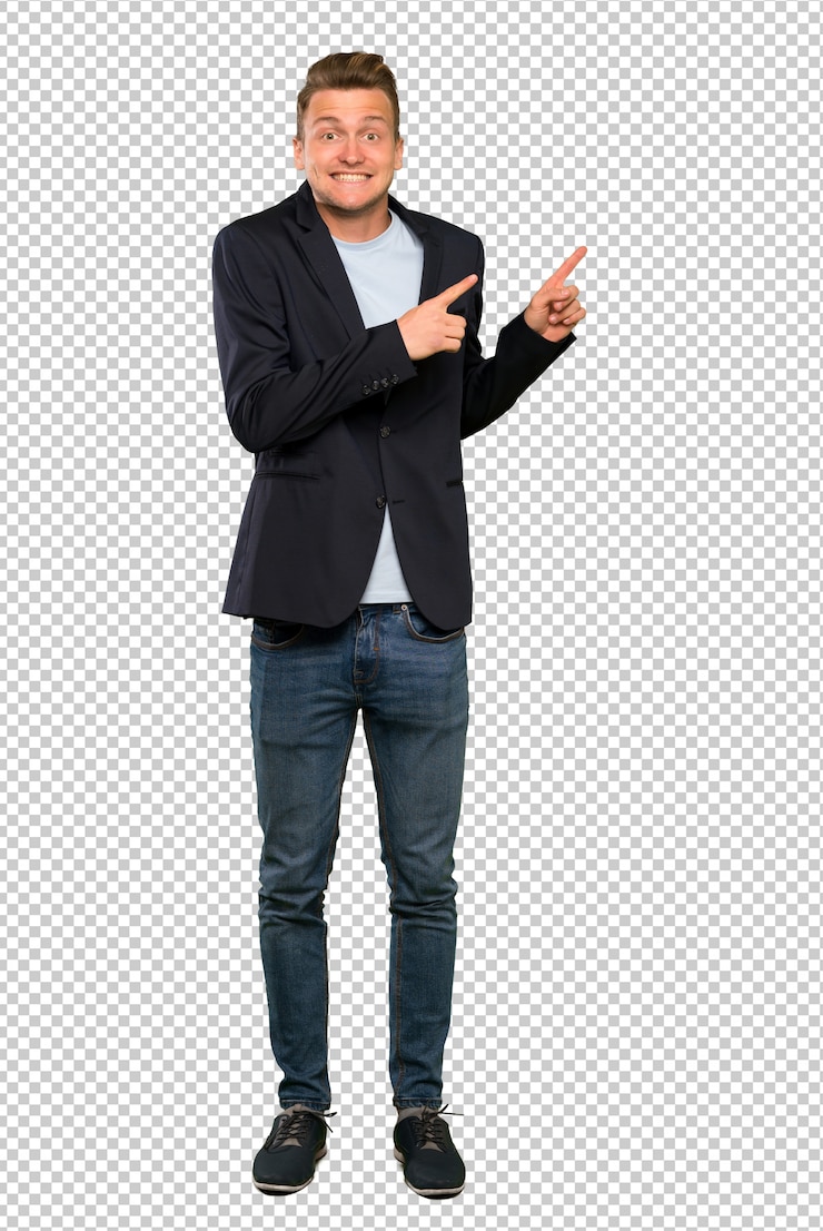 PSD blonde bel homme effrayé et pointant sur le côté