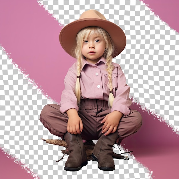 PSD blonde east asian toddler farmer posa con vestimenta agrícola contra un fondo de color pastel morado