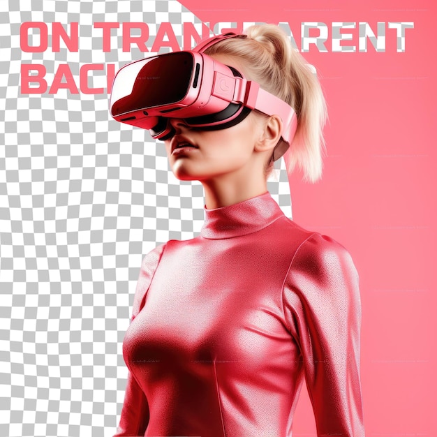 PSD blonde elegante con gafas de realidad virtual y vestido rosado sobre fondo rojo aislado sobre fondo transparente