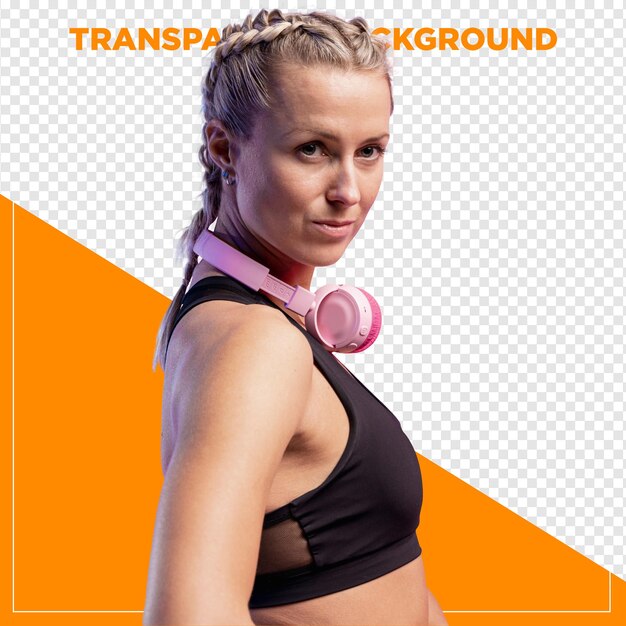 Blonde Frau im Fitness-Outfit, die mit Kopfhörern mit durchsichtigem Hintergrund zur Seite schaut
