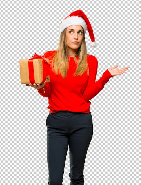 PSD blonde frau kleidete oben für die weihnachtsfeiertage an, die zweifel haben