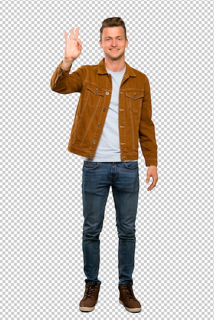 Blonder gutaussehender Mann, der drei mit den Fingern glücklich und gezählt worden sein würden