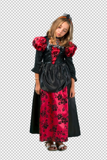 Blondes Kind gekleidet als Vampir für Halloween-Feiertage unglücklich und mit etwas frustriert