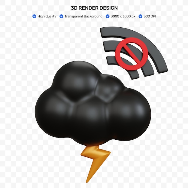 Bloque de internet de nube negra de renderizado 3d con relámpago aislado