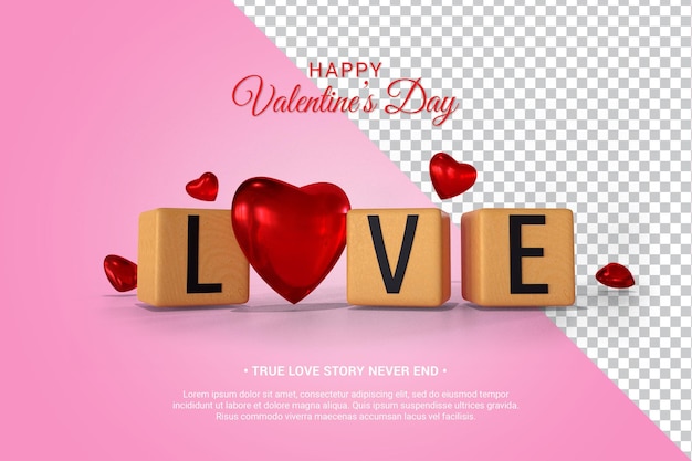 Bloque de madera con texto y corazones 3D Render aislado