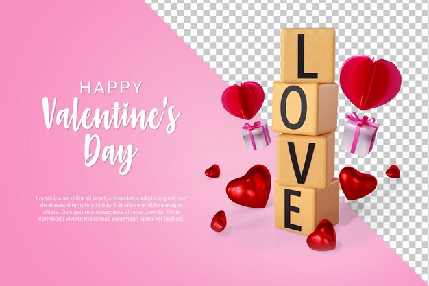 Bloque de madera con texto y corazones 3d render aislado