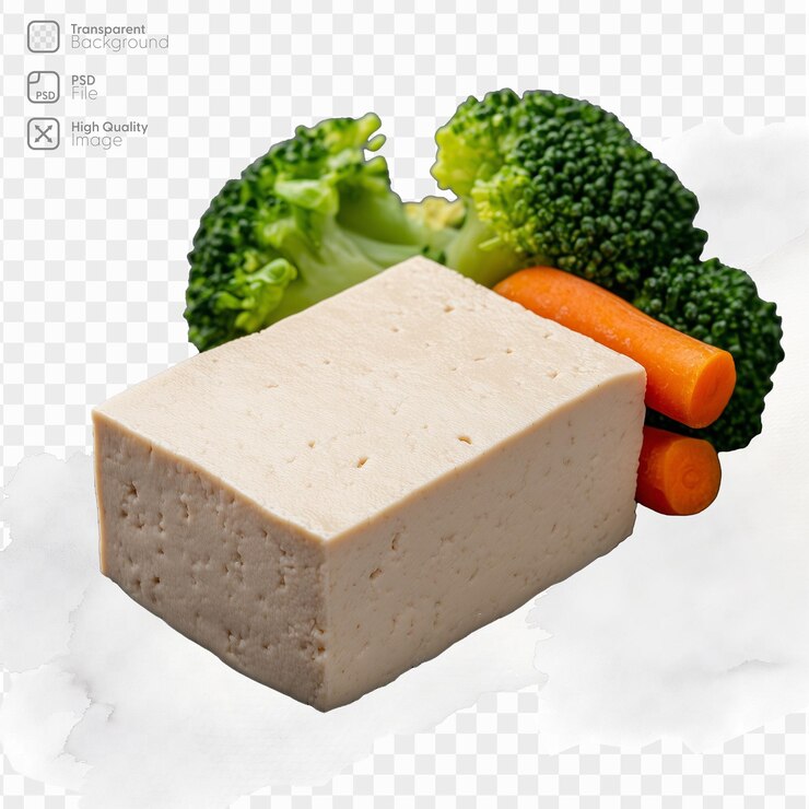 PSD bloque de tofu con verduras mezcladas en un fondo transparente