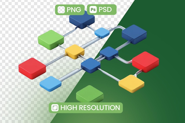 PSD bloques de colores se conectan con líneas creando una visualización de red o un concepto de diagrama de flujo