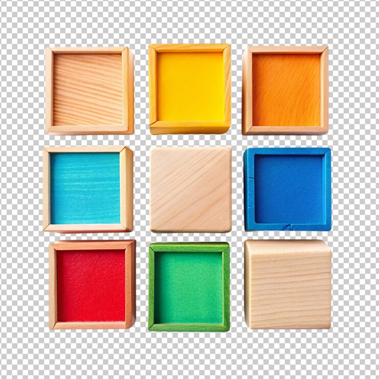PSD bloques de juguete multicolor cubo de juego de madera caja en blanco fondo transparente