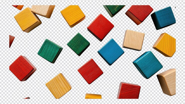 PSD bloques de madera de colores esparcidos en una superficie transparente que muestran varias formas en rojos brillantes verdes amarillos y azules