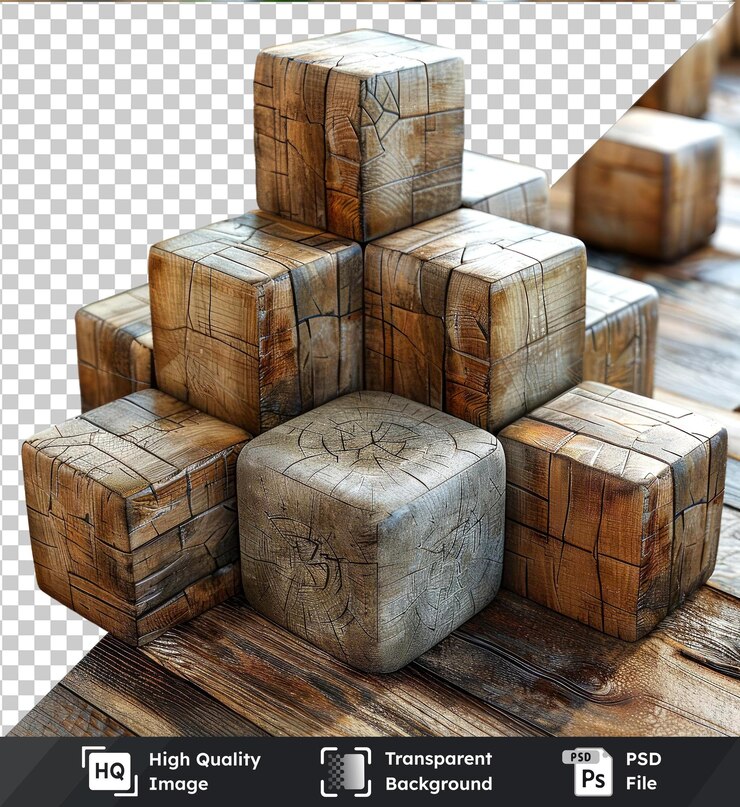 PSD bloques premium hechos de madera dispuestos en una mesa de madera con una planta verde en el fondo