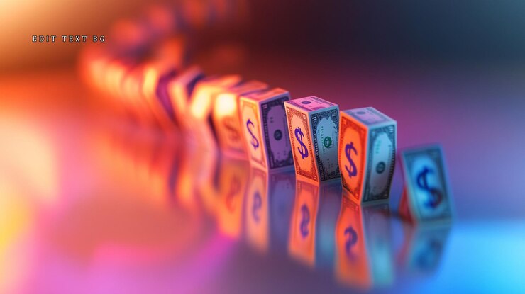 PSD los bloques de signos de dólar que caen se reflejan en la superficie brillante
