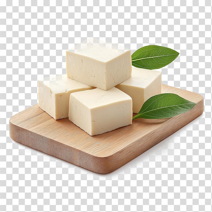 PSD bloques de tofu fresco en tabla de madera con decoración de hojas verdes sobre un fondo transparente