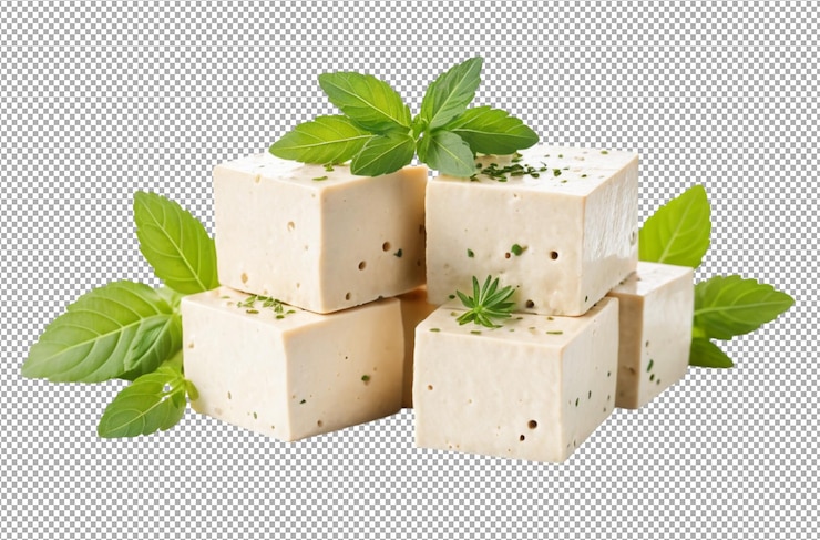 PSD bloques de tofu con hierbas verdes frescas