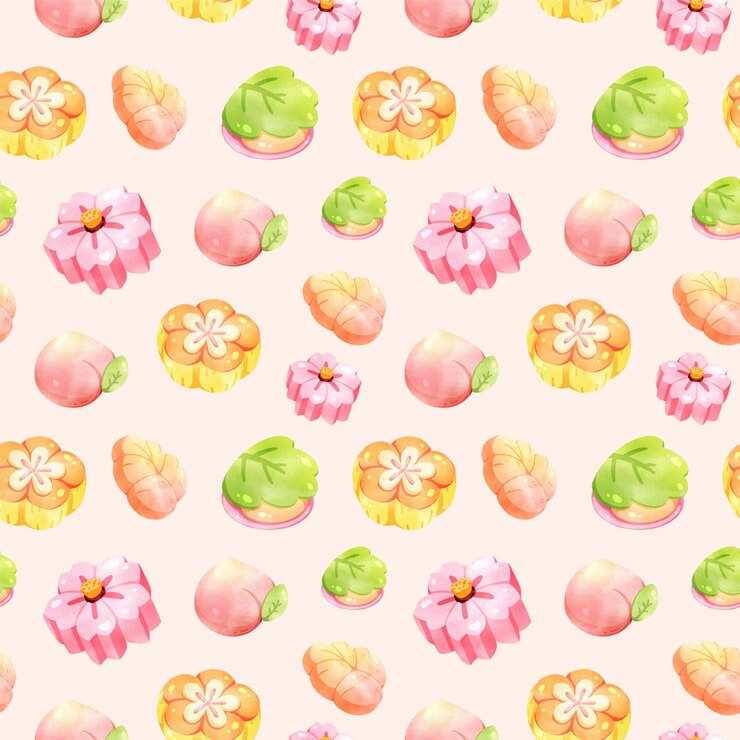 PSD blossoming nerikiri sweets japanese dessert handdrawn digital painting pattern seamless design