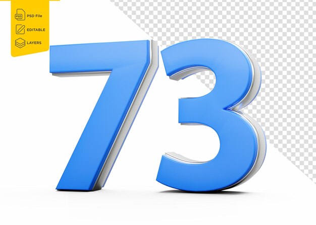 blue 73 digit seventy three number with sleek metallic gleam on white background 3d illustration