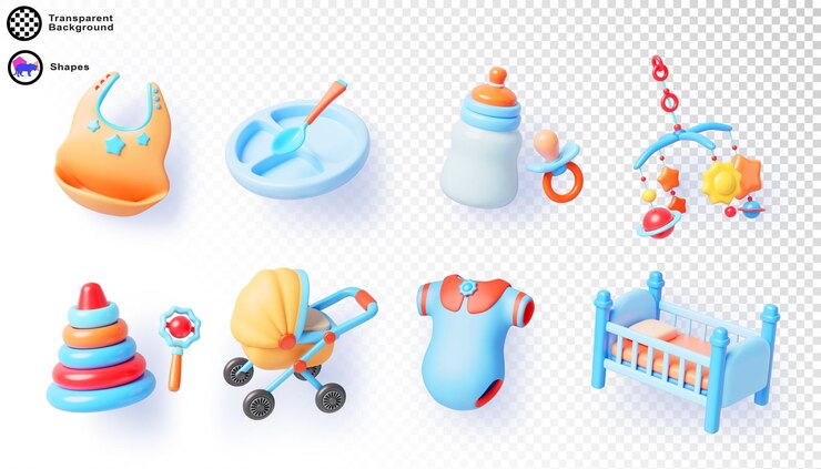 PSD blue baby boy cartoon 3d render icon set baby crib cochecito ropa botella chupete bib plato de comida cuchara juguetes móviles pirámide cascabel accesorios para recién nacidos elementos aislados
