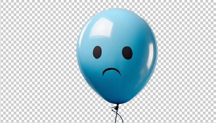 PSD blue balloon with sad face isolated on transparent background