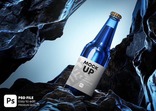 Blue Beer Bottle Bebida Label Mockup Cliff Rock Landscape 3D Render