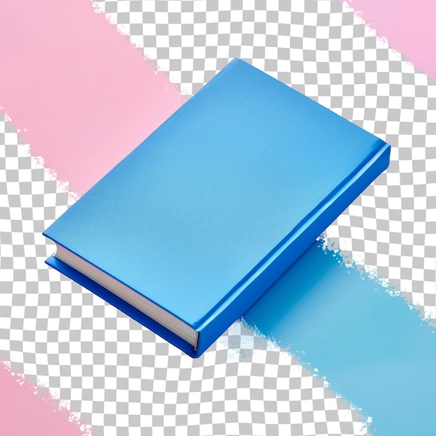 PSD a blue book is laying on a pink and white checkered surface