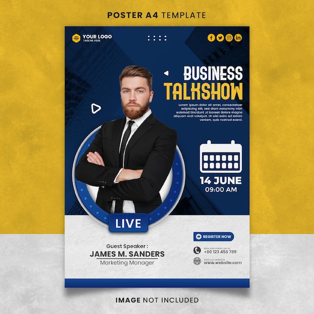 Blue business talkshow poster oder banner template design bereit zum drucken