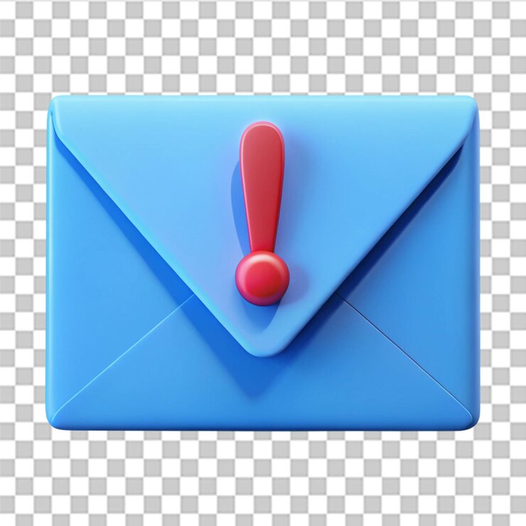 PSD blue envelope with red exclamation mark isolated on transparent background