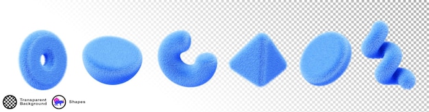Blue fur fluffy geometric 3d shapes render icon set Cute furry triangle cylinder half sphere ring spiral line with hair texture Abstract soft plush figures isolated elements