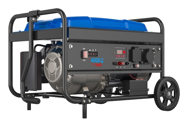 blue gasoline generator with frame and wheels 3d rendering isolated on transparent background