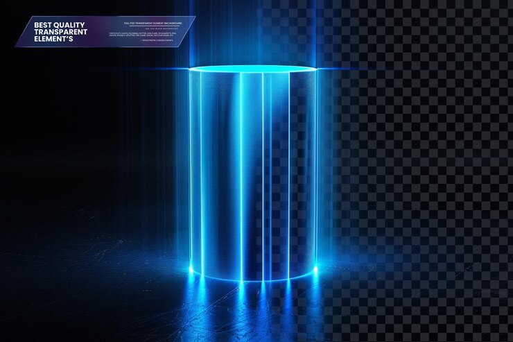 PSD blue glowing cylinder with vertical lines of light on transparent background