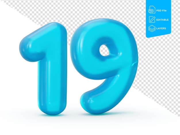 Blue Jelly Digit 19 Nineteen su sfondo bianco Jelly Numero colorato per bambini Illustrazione 3d