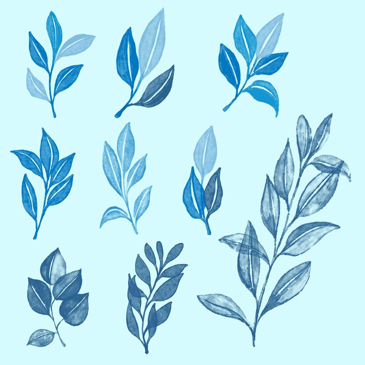 PSD blue leaf with watercolor style collection