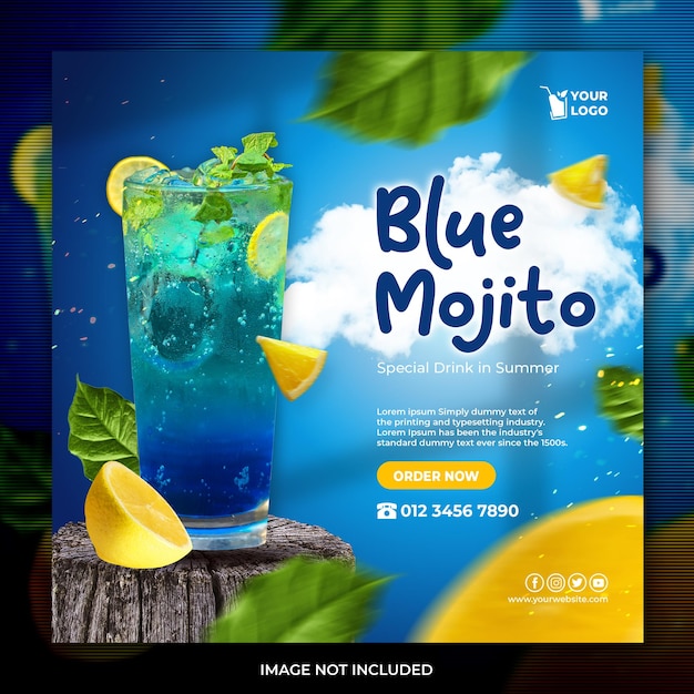 PSD blue mojito lemon menu publicación en redes sociales instagram o plantilla de volante