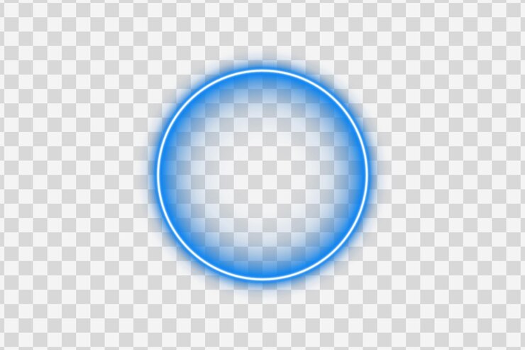 PSD blue neon bright glowing ring light circle with blank center sphere blob on transparent background