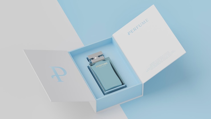 PSD blue perfume white packaging mockup for brand identity presentation 3d render