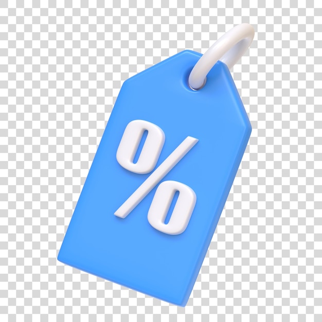 PSD blue price tag with a large white percentage symbol on it representing discounts and sales in retail