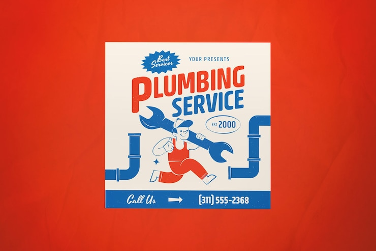 PSD blue retro modern plumbing service social media post