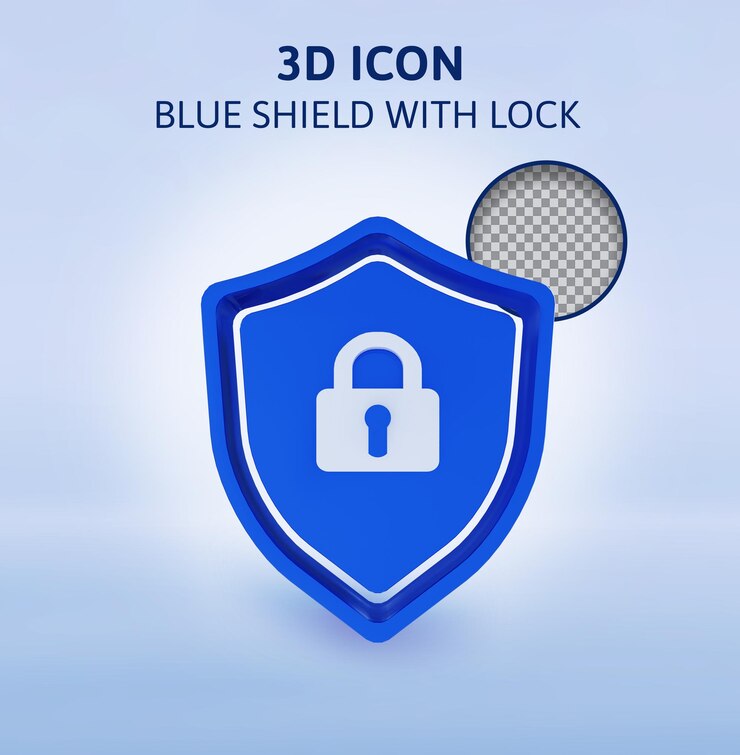 PSD blue shield with lock 3d rendering illustration