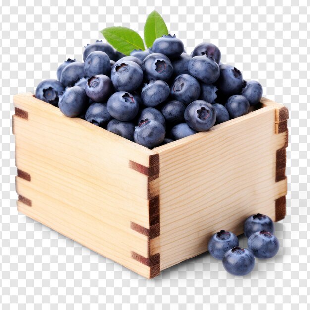 PSD blueberry en caja de madera en fondo de transparencia psd