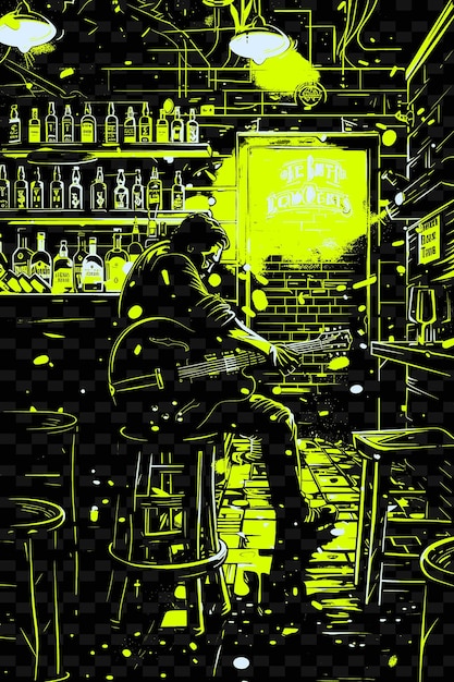 PSD blues-gitarrist spielt in einer rauchigen bar mit neonlichtern und vektorillustration musik poster idee